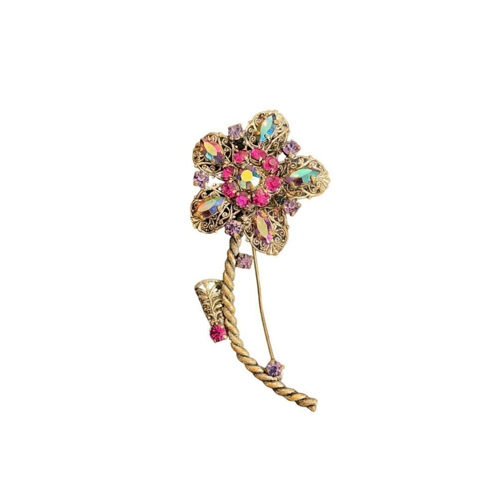 Vintage Pink Rhinestone Long Stem Flower Brooch Signed West Germany
